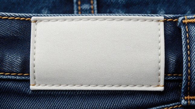Blank white leather patch on blue denim jeans. Close up of textile waistband for fashion branding mockup. Empty fabric label on indigo trousers allows custom logo placement. Material texture of