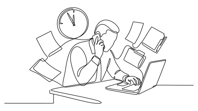 Continuous line drawing of a busy office worker multitasking with laptop and phone.