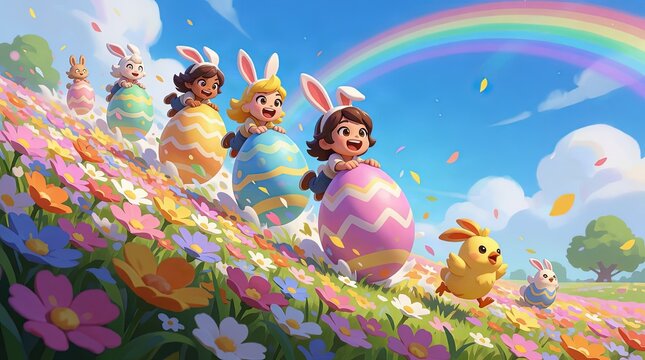 Happy Children on Easter Egg Hunt in Colorful Spring Flower Meadow