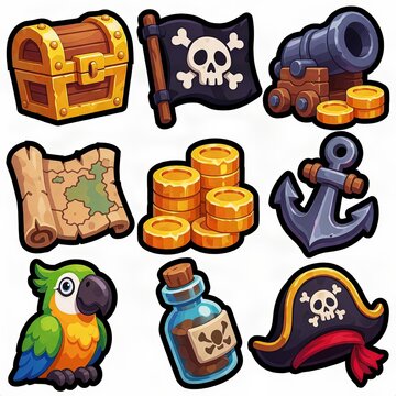 Cute Pirate Adventure Icon Set with Treasure Chest Parrot Anchor and Cannon
