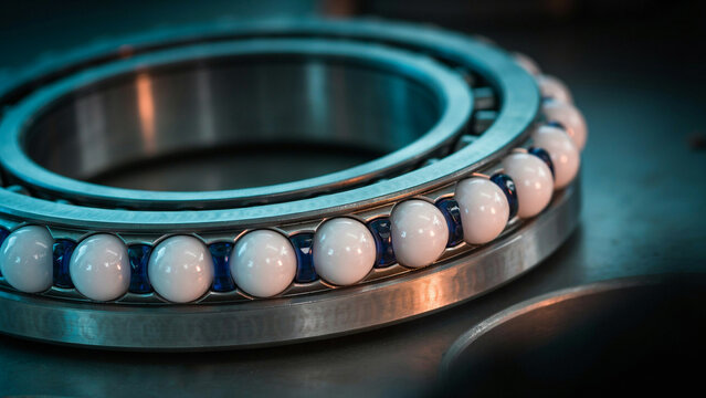 A close up of a precision ball bearing with white ceramic balls and blue spacers held within a polished steel ring on a dark surface