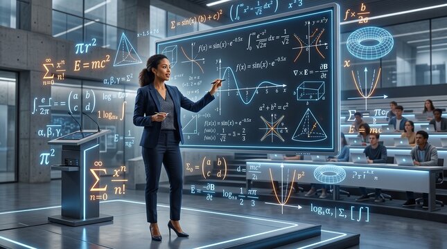 Futuristic female professor teaching quantum physics hologram in smart classroom