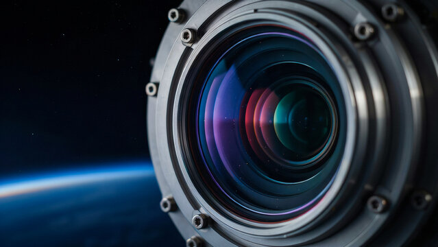 A close-up view of a complex camera lens assembly with metallic rings and screws, positioned against the backdrop, of the earth, from space
