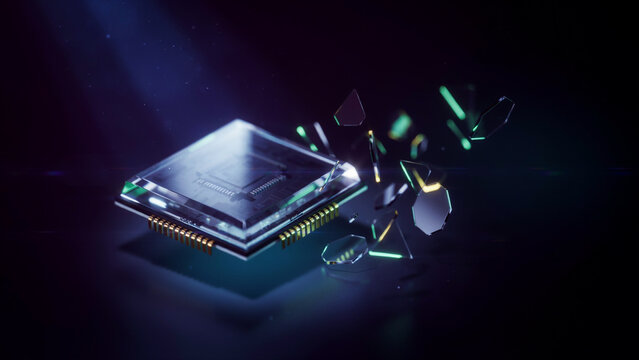 A computer processor chip with a metallic base and silicon core, surrounded by floating shards of broken glass, dark background, 3D technology