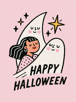 Happy halloween ghost girl cartoon illustration star pink smiling ghost celebration cute holiday october spooky child costume