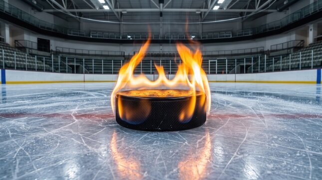 Flaming hockey puck on ice in empty arena