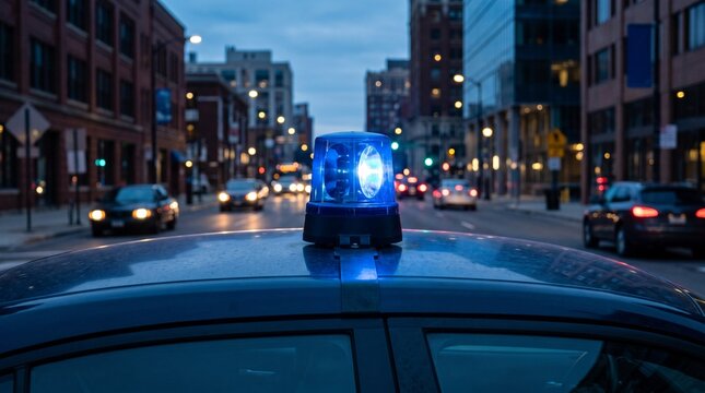 Blue police siren on car in city street at dusk