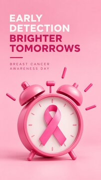 Pink alarm clock with integrated cancer awareness ribbon inside on a pink background for health