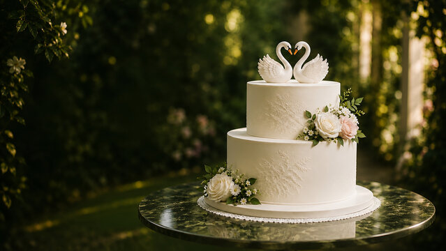 Elegant two-tier wedding cake topped with two white swan figurines whose curved necks form a heart, displayed in a beautiful garden setting for wedding advertising