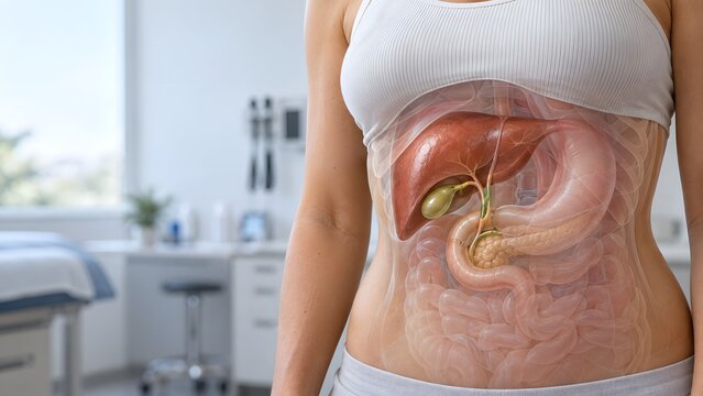Transparent anatomical view of human digestive organs including liver and bile duct