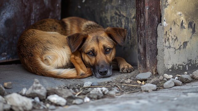 Sad abandoned brown stray dog with expressive eyes curled up for warmth in a gritty concrete urban shelter, conceptual image of animal neglect, homelessness, and the need for pet rescue services.