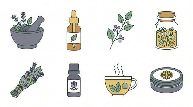Herbal medicine and aromatherapy icon set, flat line illustrations of essential oils, mortar and pestle, herbal tea, and dried botanicals on white background