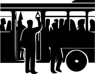Silhouette passengers boarding public transport bus with wheel during daily rush. © Humayun