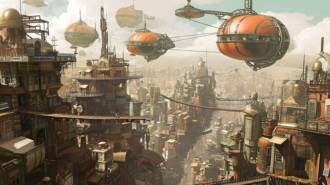 Sprawling Steampunk Cityscape Featuring Ornate Industrial Buildings and Futuristic Orange Airships Floating Above a Dense Retro-Futuristic Urban Environment with Detailed Metallic Architecture