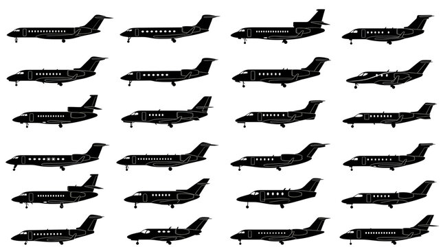 Solid Black Private and Corporate Jet Silhouettes Grid on White Background