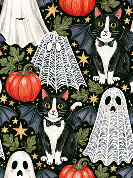 Black cat pumpkin ghost bat spider web halloween night star leaf pattern spooky black cat pumpkin ghost bat spider web
