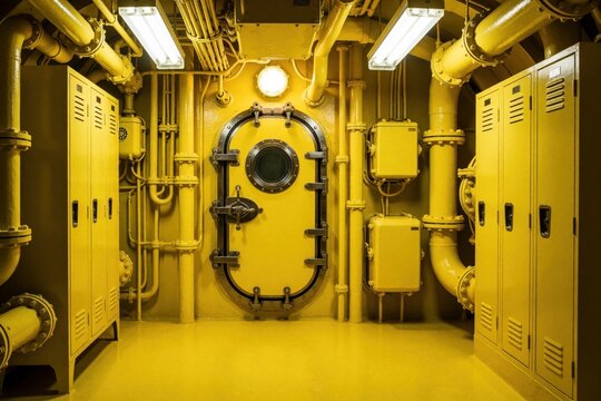 Interior of a ship or submarine compartment, painted bright yellow. Features industrial pipes, lockers, and a heavy porthole door. Fluorescent lighting illuminates the metallic space.
