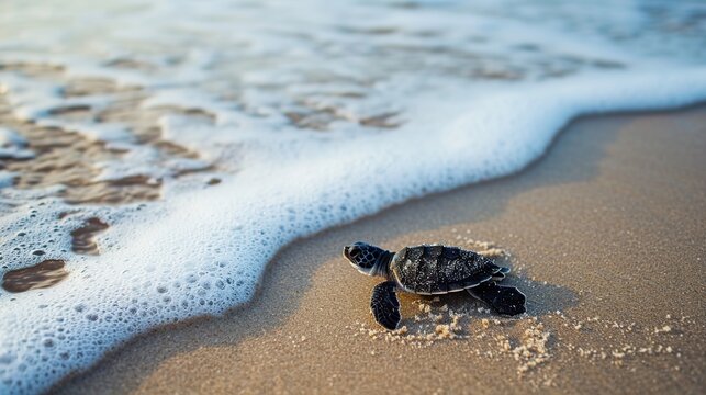 Tiny hatchling baby turtle crawling on the sandy beach towards the incoming ocean waves and white sea foam, representing the survival and new journey of marine wildlife in its natural habitat