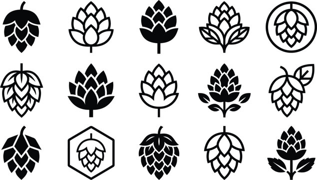 Black and white hop flower botanical icon collection with decorative geometric designs