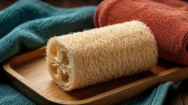 Natural loofah sponge sits on wooden tray with soft towels. Organic bath accessory prepared for skin exfoliation in home spa. Teal, terracotta colored textile create cozy atmosphere for wellness,