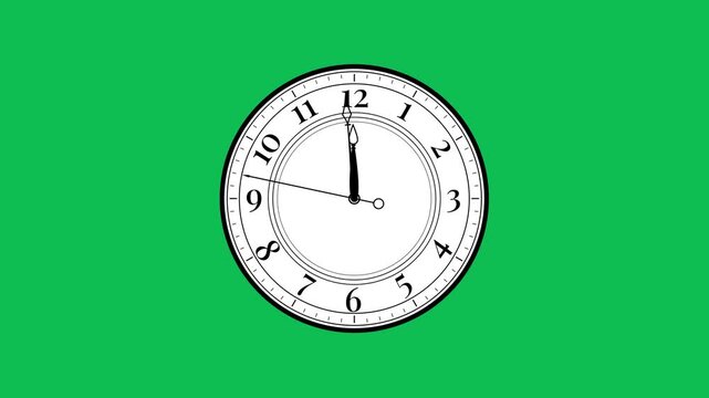 Classic analog clock countdown flat animation from 11:59 to 12:00 with ticking second hand on green screen. 4K animated vintage clock for timer, countdown, history, wall clock, and new year.