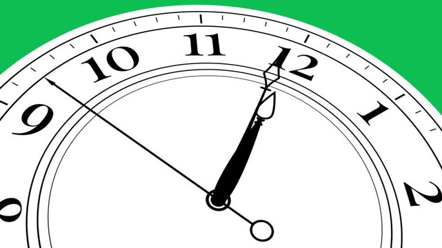 3D perspective classic analog clock countdown animation from 11:59 to 12:00 moving from bottom left corner on green screen. 4K animated vintage clock for cinematic countdown timer and motion graphics.