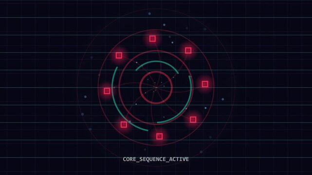Futuristic Hud Interface with Circular Radar and Glowing Red Squares on Dark Grid Background