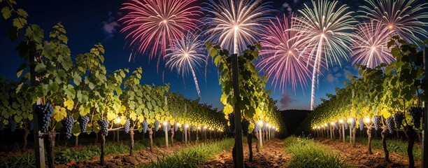 Naklejka premium Grape vines with ripe grapes are lit by glowing lights. Colorful fireworks explode in the night sky above the vineyard. Rural agriculture celebration at dusk.