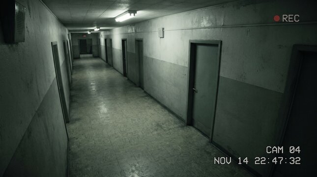 Scary Found Footage View of Dark Abandoned Hallway with Camcorder Recording Overlay
