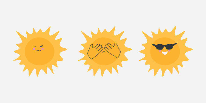 Cute sun character set with sunglasses, squinting face and hands covering eyes, funny sun emoji vector illustration for UV protection and summer safety