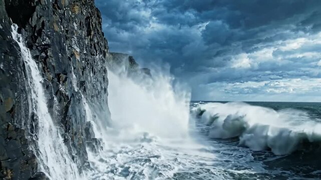 Dramatic ocean waves crash against rugged, dark cliffs under a stormy, cloudy sky.