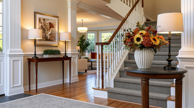 Luxury entryway fall decor elegant staircase warm living room cozy home interior sunlight comfort