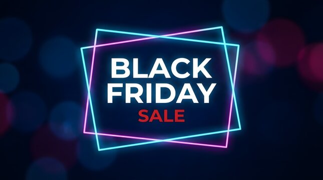 Black friday sale banner with glowing neon geometric frames and bokeh light effects on a dark blue background