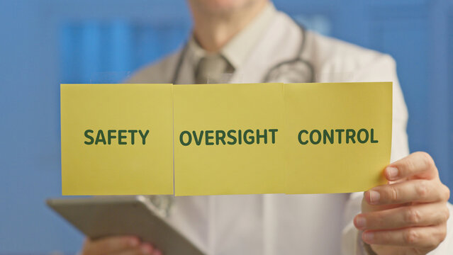 Medical professional holding yellow cards displaying words safety, oversight, and control, representing crucial ethical considerations for artificial intelligence in the modern healthcare industry