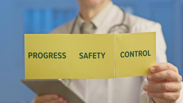 Doctor holding a yellow paper with progress, safety, and control written on it, representing ethical considerations and future development in artificial intelligence in healthcare