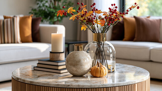 Autumn decor fall decoration cozy living room marble coffee table candle floral arrangement pumpkin modern home warm autumn