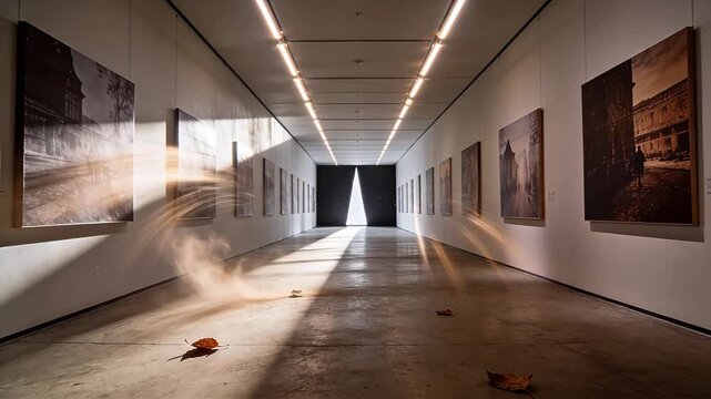 Art gallery corridor with framed wall displays and triangular skylight