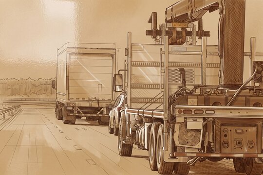 Sketch illustration of cargo trucks and vehicles driving along an open multi lane highway