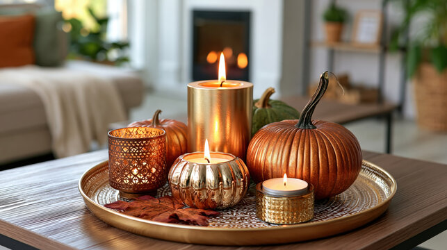 Autumn decor fall decoration candle pumpkin cozy warm light living room home interior autumn decor with candle pumpkin cozy