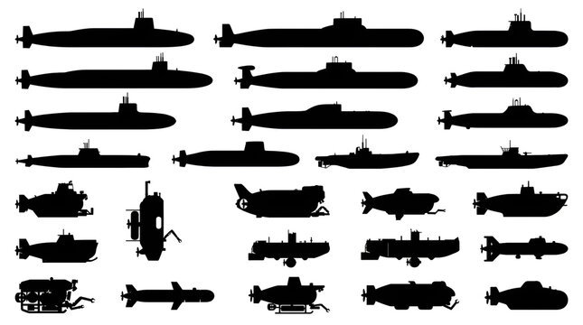 Naval Submarines and Deep-Sea Submersibles Silhouette Set