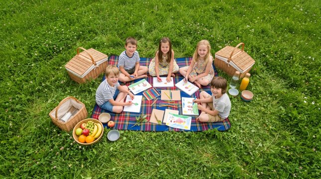 Aerial view of five happy children on a plaid blanket in a meadow, pausing their coloring activity to smile up at the camera beside a fruit basket.