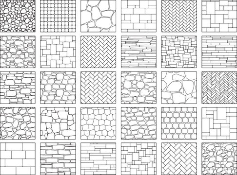 Paving stone seamless patterns set, 30 vector line textures of brick wall and cobblestone pavement, architectural hatching