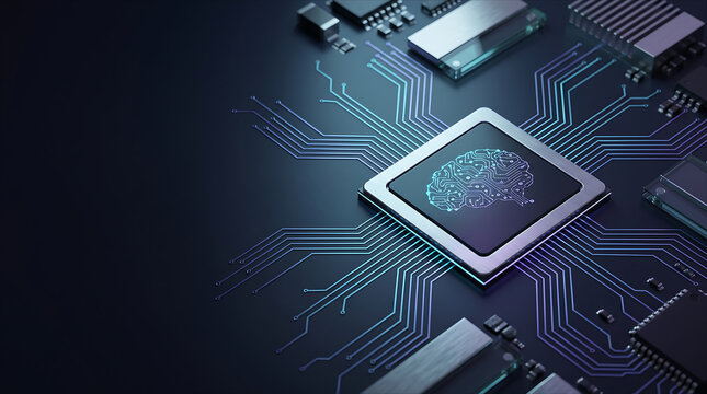 Advanced AI processor chip isolated on transparent background with brain circuitry