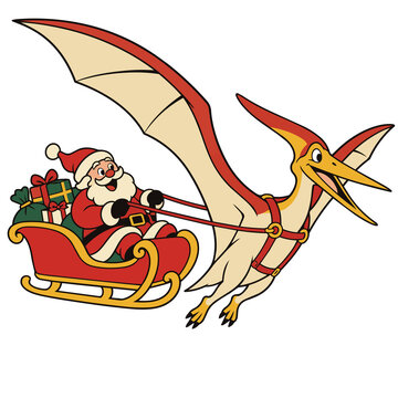 Santa Claus Flying in a Christmas Sleigh Pulled by a Pterodactyl