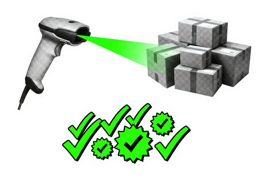 Barcode scanner gun aiming laser at parcel boxes on transparent background, handheld warehouse reader scanning cargo boxes with green checkmarks. Commercial service delivers verification.
