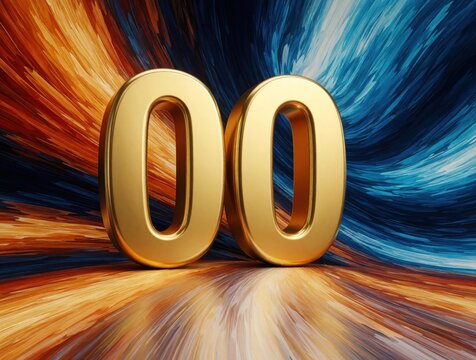Golden number zero zero stands on abstract background with colorful swirls. Shiny metallic digits 00 feature bright texture. Vibrant orange, blue paint strokes create dynamic motion effect. Luxury 3D