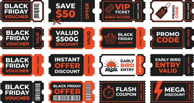 Black Friday voucher set with promo codes, discount coupons in modern orange and black style, vector ticket templates