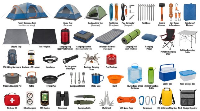 Camping Gear Collection Displayed in Rows