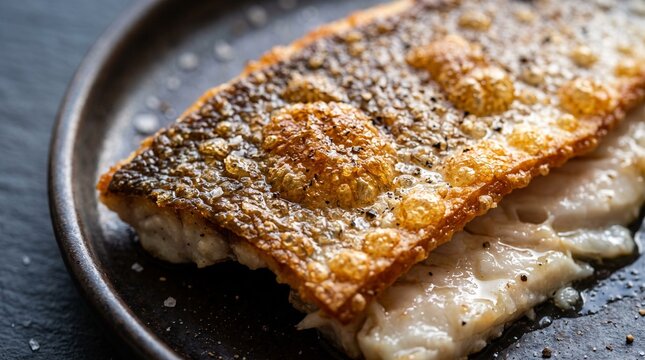 Crispy fried fish fillet with golden brown skin served on dark plate
