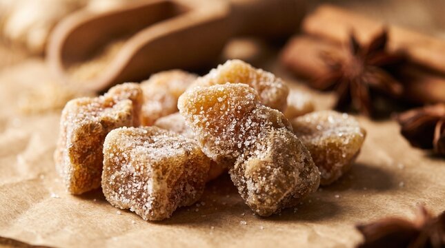 Crystallized ginger pieces with star anise and cinnamon on brown paper